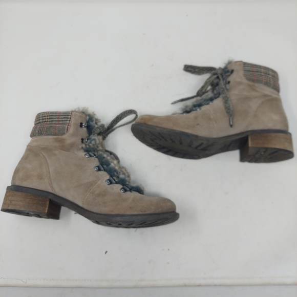 Sam Edelman Darrah Sand Taupe Suede Faux Fur Plaid Ankle Boots Block Heel Size 8 - Picture 4 of 11